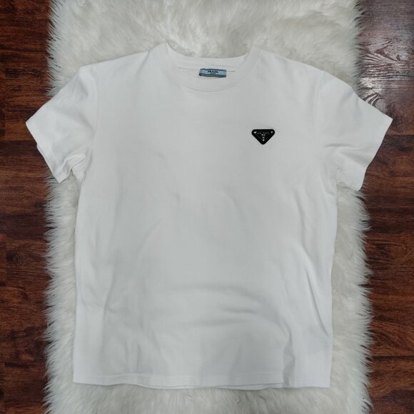 Prada Milano White Logo Patch Crewneck Short Sleeve Casual T-Shirt Men's Medium - Picture 2 of 12